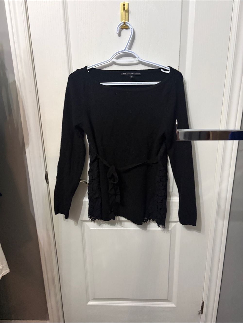 White House Black Market Black Lace-Trim Waist Tie Sweater